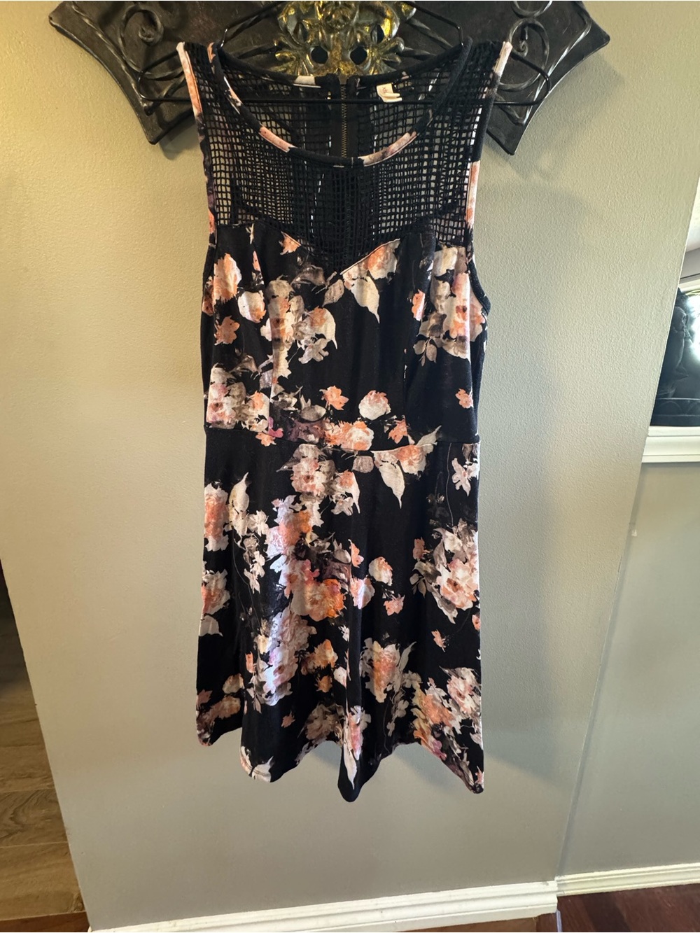 Xhilaration Black Floral Mini Dress with Crochet Yoke